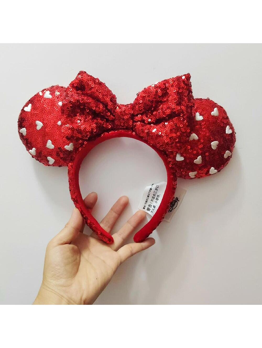 Disney Parks Red Heart Sequin Bow Valentine's Day Mickey Minnie Ears Headband